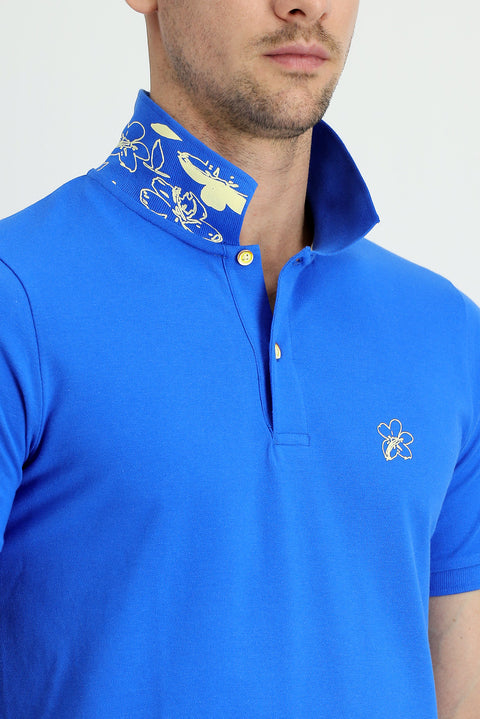 Indigo Blue Polo Collar Slim Fit Printed Cotton T-shirt