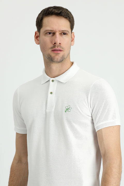 Off-White Polo Collar Slim Fit Printed Cotton T-Shirt