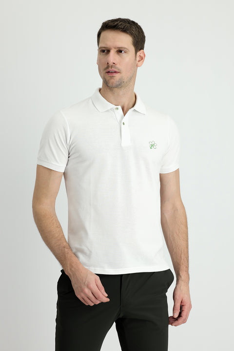 Off-White Polo Collar Slim Fit Printed Cotton T-Shirt