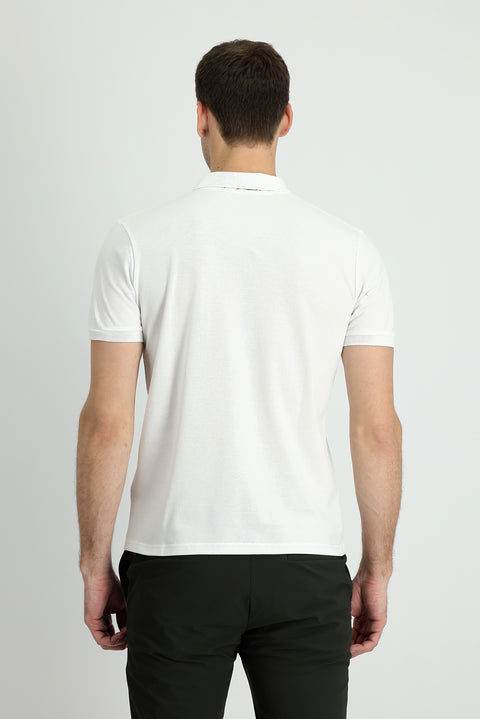 Off-White Polo Collar Slim Fit Printed Cotton T-Shirt