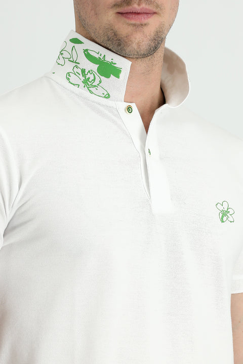 Off-White Polo Collar Slim Fit Printed Cotton T-Shirt