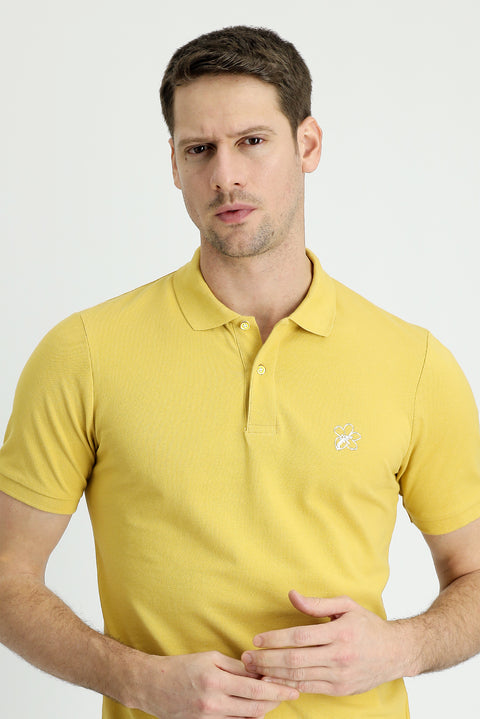 Yellow Polo Collar Slim Fit Printed Cotton T-shirt