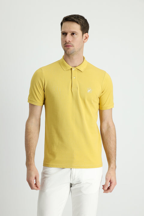 Yellow Polo Collar Slim Fit Printed Cotton T-shirt