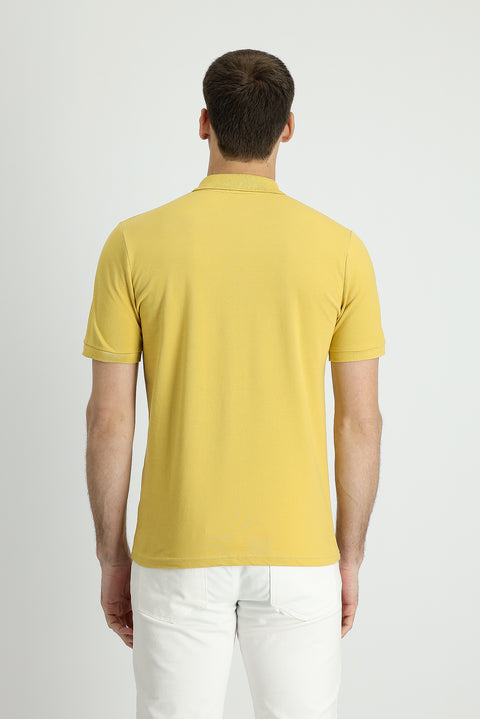 Yellow Polo Collar Slim Fit Printed Cotton T-shirt