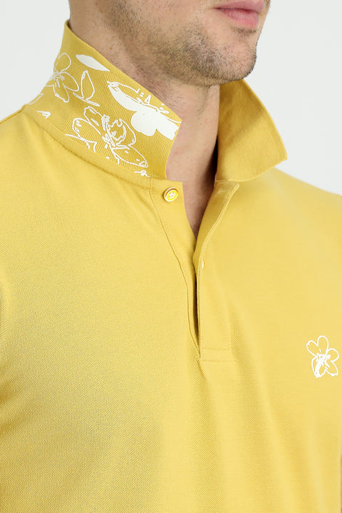 Yellow Polo Collar Slim Fit Printed Cotton T-shirt