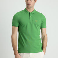 Grass Green Polo Collar Slim Fit Printed Cotton T-Shirt