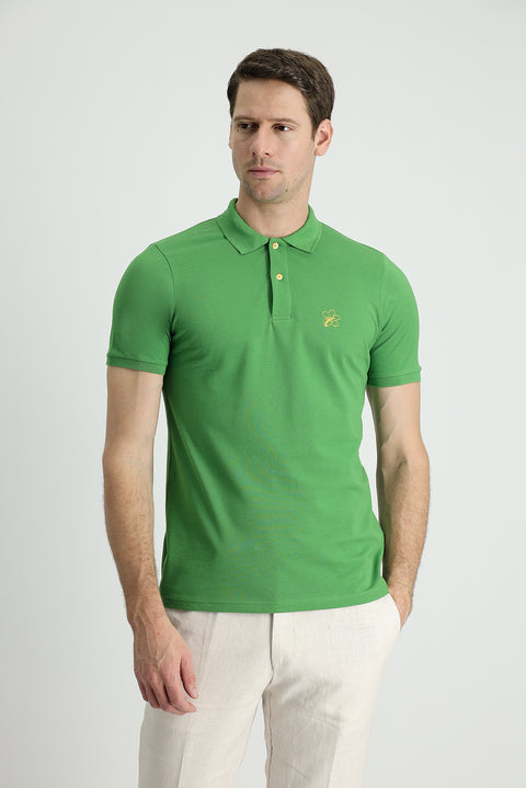 Grass Green Polo Collar Slim Fit Printed Cotton T-Shirt