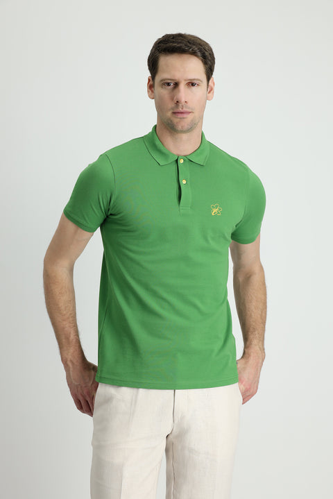 Grass Green Polo Collar Slim Fit Printed Cotton T-Shirt