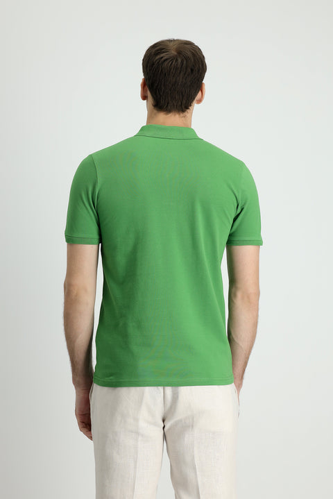 Grass Green Polo Collar Slim Fit Printed Cotton T-Shirt