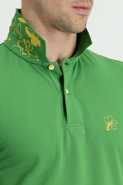 Grass Green Polo Collar Slim Fit Printed Cotton T-Shirt