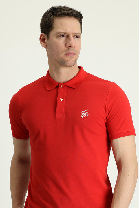Flag Red Polo Collar Slim Fit Printed Cotton T-shirt