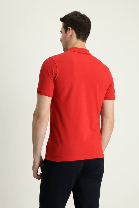 Flag Red Polo Collar Slim Fit Printed Cotton T-shirt