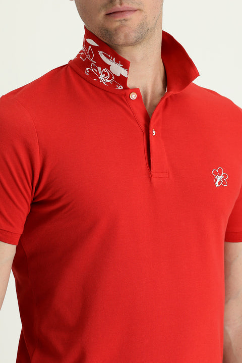 Flag Red Polo Collar Slim Fit Printed Cotton T-shirt