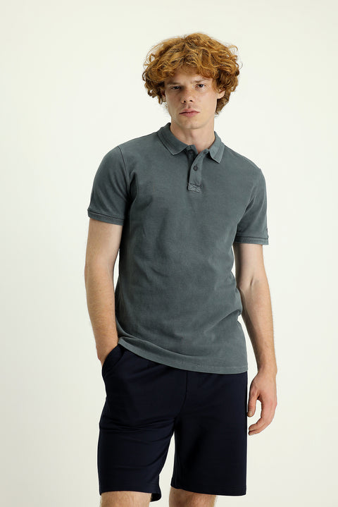 Black Polo Collar Slim Fit Embroidered Cotton T-Shirt