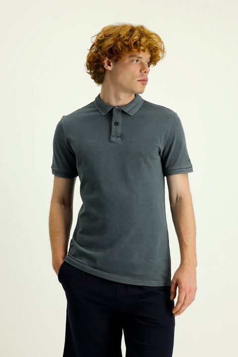 Black Polo Collar Slim Fit Embroidered Cotton T-Shirt