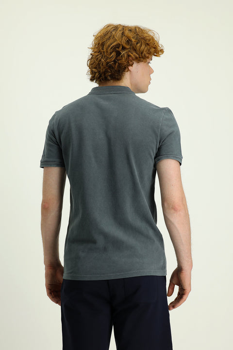 Black Polo Collar Slim Fit Embroidered Cotton T-Shirt