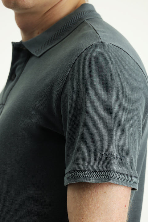 Black Polo Collar Slim Fit Embroidered Cotton T-Shirt