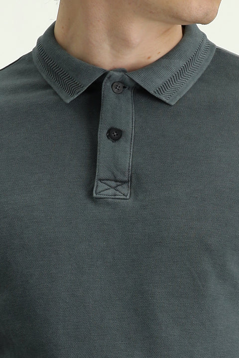 Black Polo Collar Slim Fit Embroidered Cotton T-Shirt