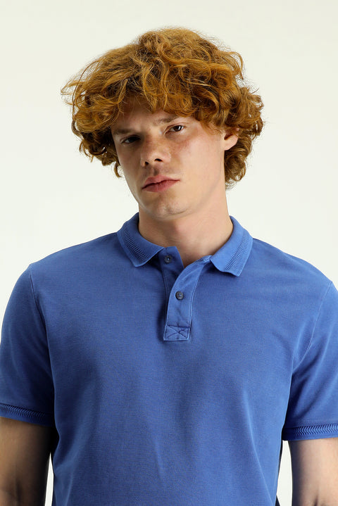 Indigo Polo Collar Slim Fit Embroidered Cotton T-shirt