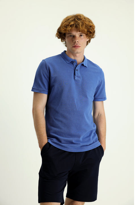 Indigo Polo Collar Slim Fit Embroidered Cotton T-shirt