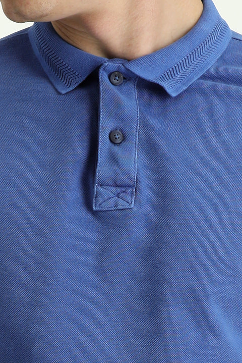 Indigo Polo Collar Slim Fit Embroidered Cotton T-shirt