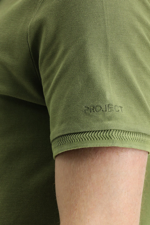 Orta Haki Polo Yaka Slim Fit Dar Kesim Nakışlı Pamuk Tişört