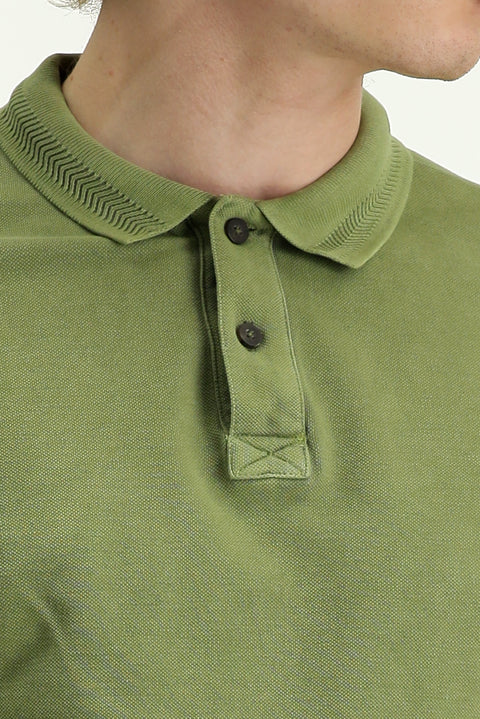 Orta Haki Polo Yaka Slim Fit Dar Kesim Nakışlı Pamuk Tişört