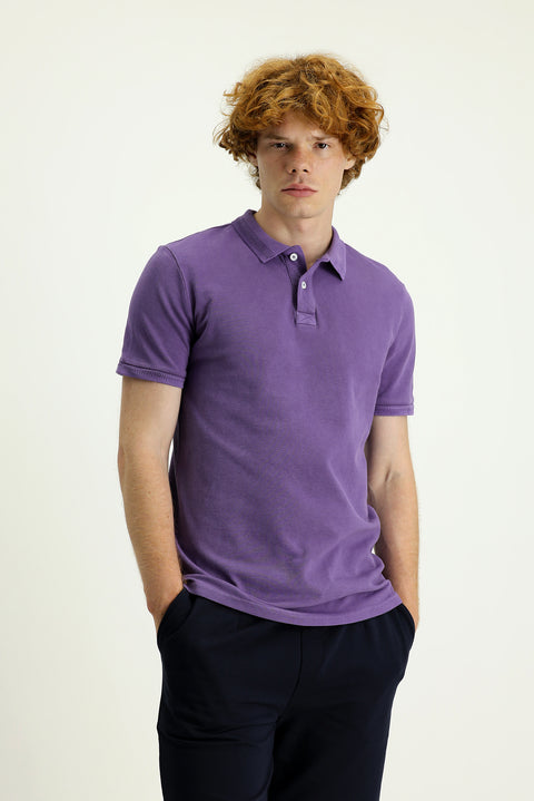 Medium Purple Polo Collar Slim Fit Narrow Cut Embroidered Cotton T-Shirt