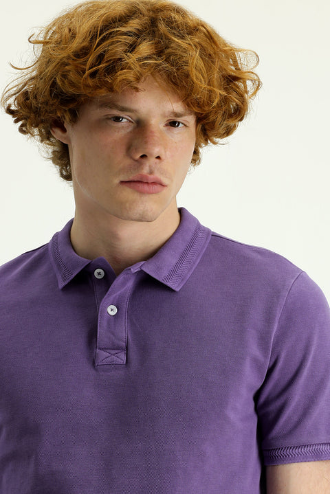 Medium Purple Polo Collar Slim Fit Narrow Cut Embroidered Cotton T-Shirt
