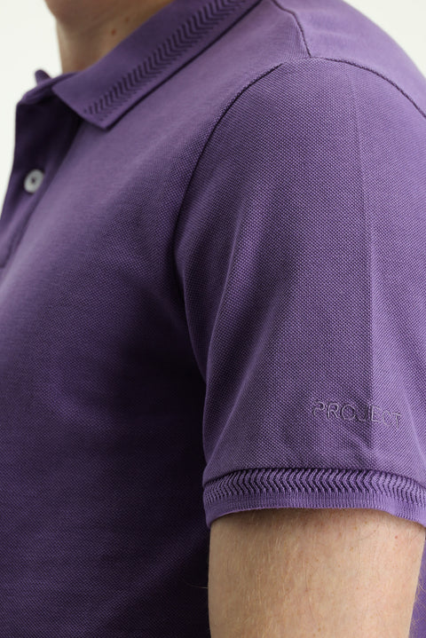 Medium Purple Polo Collar Slim Fit Narrow Cut Embroidered Cotton T-Shirt