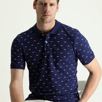 Black and Navy Blue Polo Collar Slim Fit Patterned Cotton T-shirt