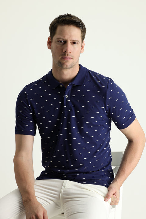 Black and Navy Blue Polo Collar Slim Fit Patterned Cotton T-shirt