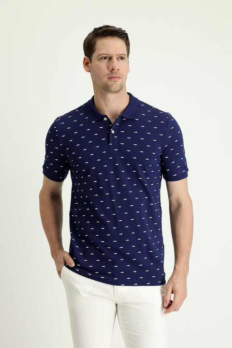 Black and Navy Blue Polo Collar Slim Fit Patterned Cotton T-shirt