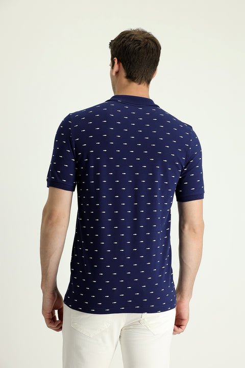 Black and Navy Blue Polo Collar Slim Fit Patterned Cotton T-shirt