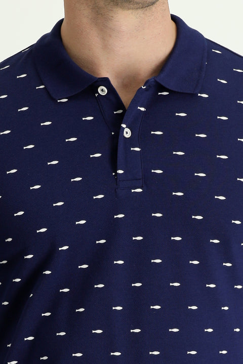 Black and Navy Blue Polo Collar Slim Fit Patterned Cotton T-shirt