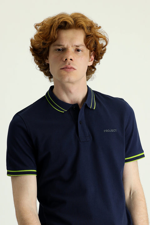 Dark Navy Polo Collar Slim Fit Cotton T-Shirt