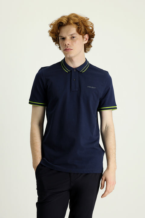 Dark Navy Polo Collar Slim Fit Cotton T-Shirt