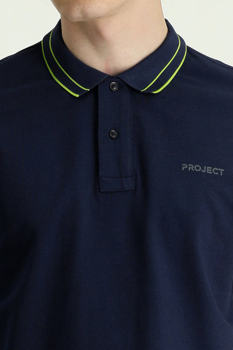 Dark Navy Polo Collar Slim Fit Cotton T-Shirt