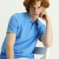 Blue Polo Collar Slim Fit Narrow Cut Cotton T-shirt