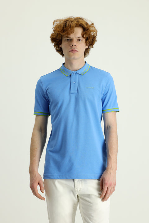 Blue Polo Collar Slim Fit Narrow Cut Cotton T-shirt