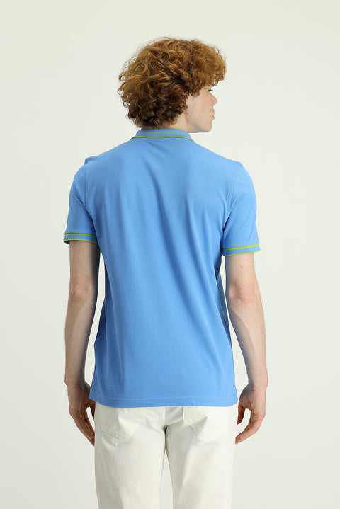 Blue Polo Collar Slim Fit Narrow Cut Cotton T-shirt