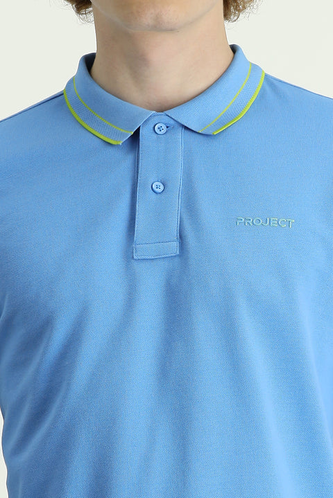 Blue Polo Collar Slim Fit Narrow Cut Cotton T-shirt