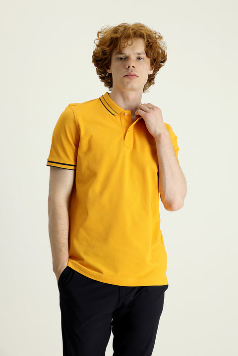 Light Orange Polo Collar Slim Fit Narrow Cut Cotton T-Shirt