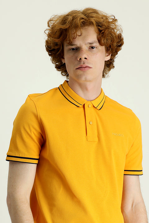 Light Orange Polo Collar Slim Fit Narrow Cut Cotton T-Shirt