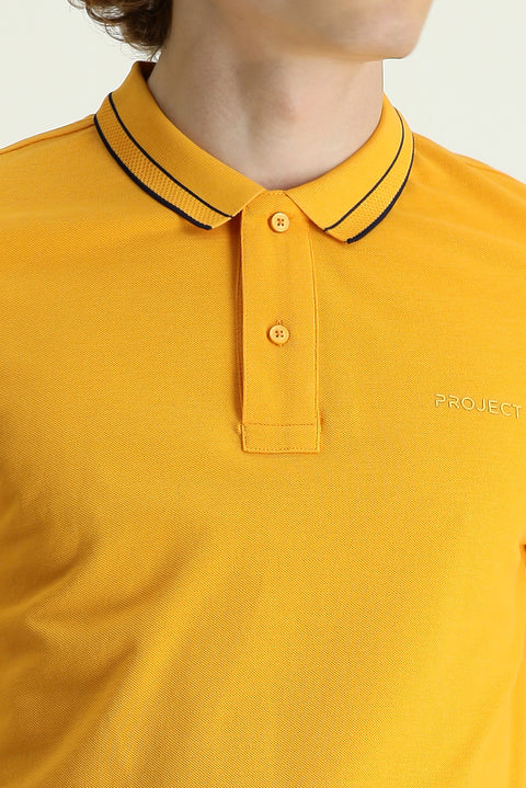Light Orange Polo Collar Slim Fit Narrow Cut Cotton T-Shirt