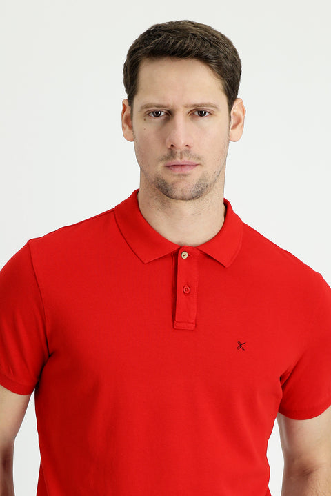 Flag Red Pocket Polo Collar Slim Fit Narrow Cut Embroidered Cotton T-Shirt