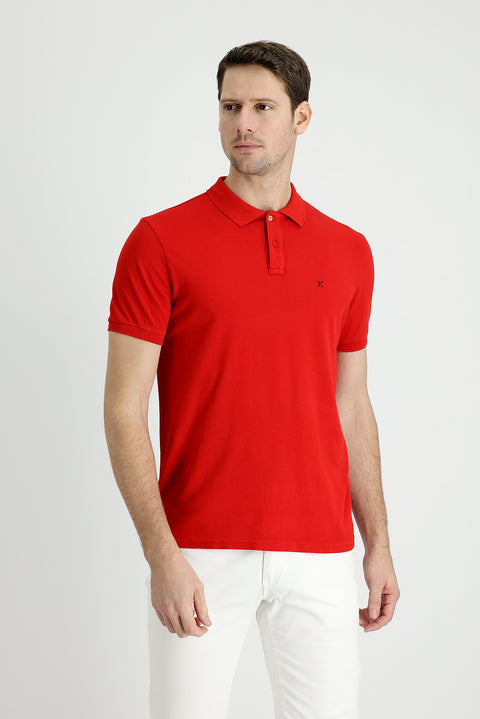 Flag Red Pocket Polo Collar Slim Fit Narrow Cut Embroidered Cotton T-Shirt
