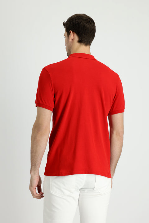 Flag Red Pocket Polo Collar Slim Fit Narrow Cut Embroidered Cotton T-Shirt