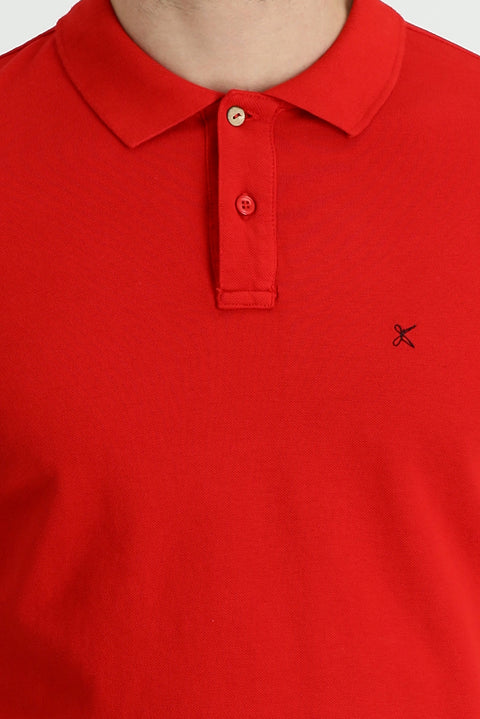 Flag Red Pocket Polo Collar Slim Fit Narrow Cut Embroidered Cotton T-Shirt