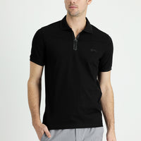Siyah Polo Yaka Slim Fit Dar Kesim Fermuarlı Baskılı Pamuklu Tişört
